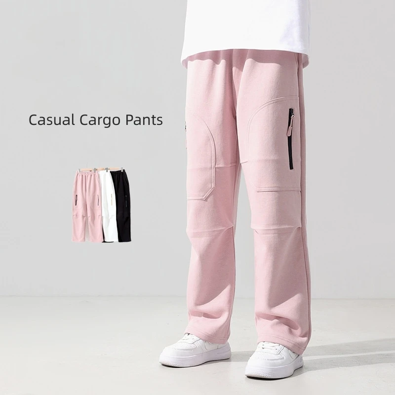 

4-14Y Casual Athletic Sweatpants Boys Girls Cargo Joggers Pullover Pants Straight Leg Trousers with Zipper Pockets Kids Clothes