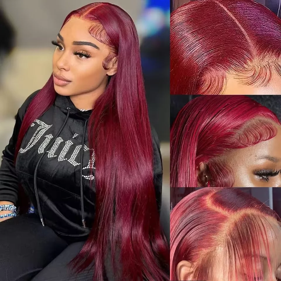 

46 Inches 99J Red Burgundy Colored Straight13x6 HD Transparent Lace Frontal Wigs 200 Density brzilian Human Hair Wig For Women