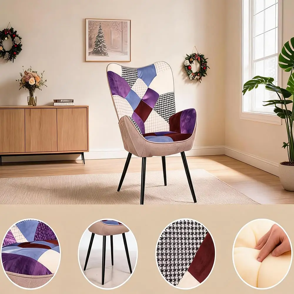 High Back Accent Chair Sculptural Reading Chair Wingback With Checkered Patchwork Linen Upholstery 300 Lb Capacity Non Slip Adjustable Feet For Living Room Bedroom Office
