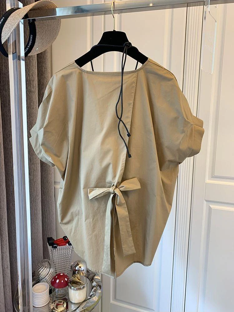 Summer Short Sleeve Blouses Gentle Style Women Solid Color Pullover High Street Chic Loose O-neck Shirts Temperament Top