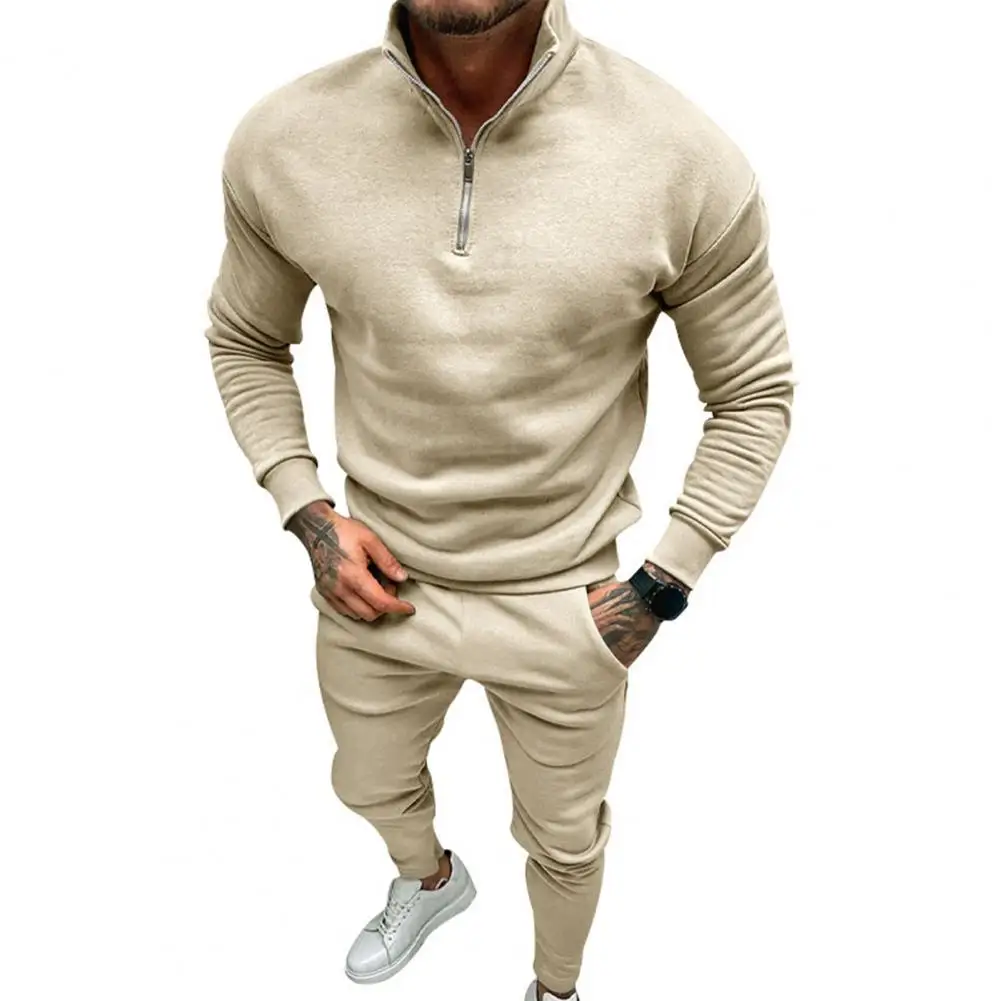 Fashionable Mens Half-Zip Pullover Oversized Sweater + Plush Warm Comfortable Pants 2-Piece Integrated Solid Outdoor Sports Suit