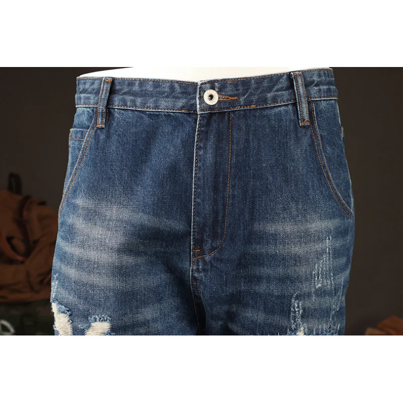 

Summer thin trendy brand American retro loose straight hole ripped jeans men's street cool trendy casual pants