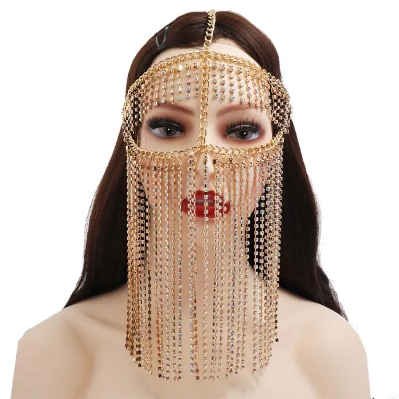 F42F Faux Crystal Tassel Masquerade Mask Veil Face Chain Belly Dance Jewelry Headband