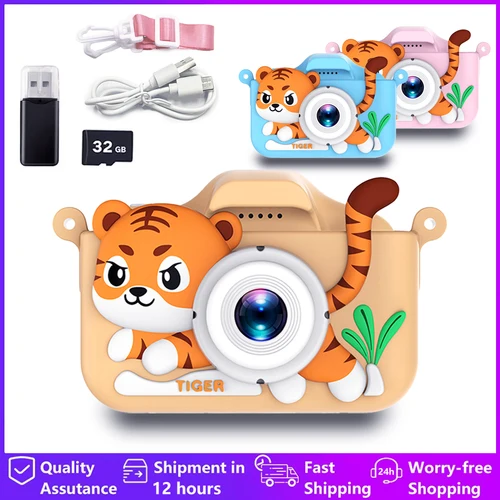 Imagen 1 del producto Mini cámara para niños, juguetes de tigre de dibujos animados para niñas y niños, regalos de cumpleaños, pantalla HD de 1080P de 2 pulgadas con tarjeta SD de 32G, cámara de vida grabada