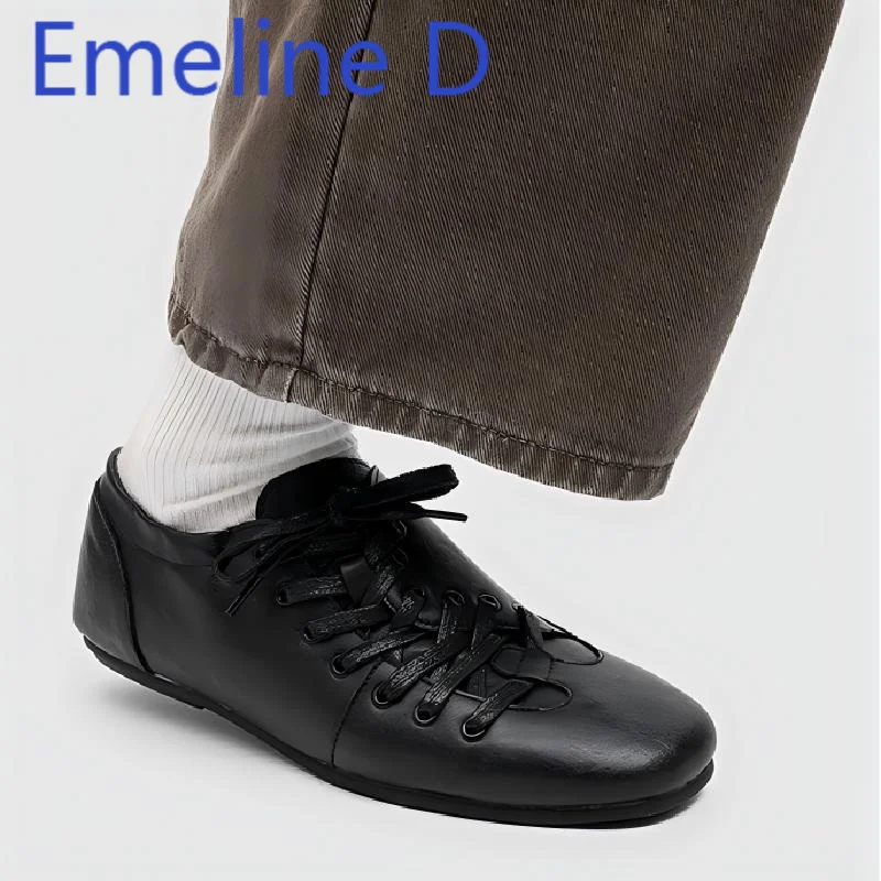 Folded Diagonal Lace Up Derby Shoes Black Round Toe Elastic Mouth Leather Casual and Comfortable Versatile Commuting Flat Shoes