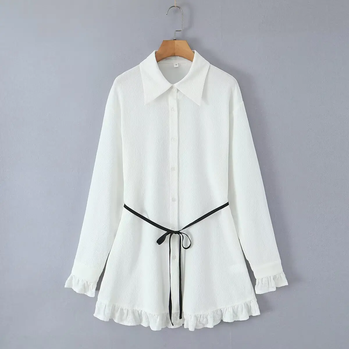 

Autumn Lace Splicing Slimming Versatile Shirt Skirt with Belt Long Sleeve Simple Female Shirts Women's Button Shirts & Blouse