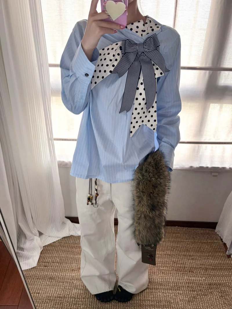 

Women's design sense, spring and summer blue striped patchwork polka dot top, beautiful temperament, bow tie long sleeved shirt