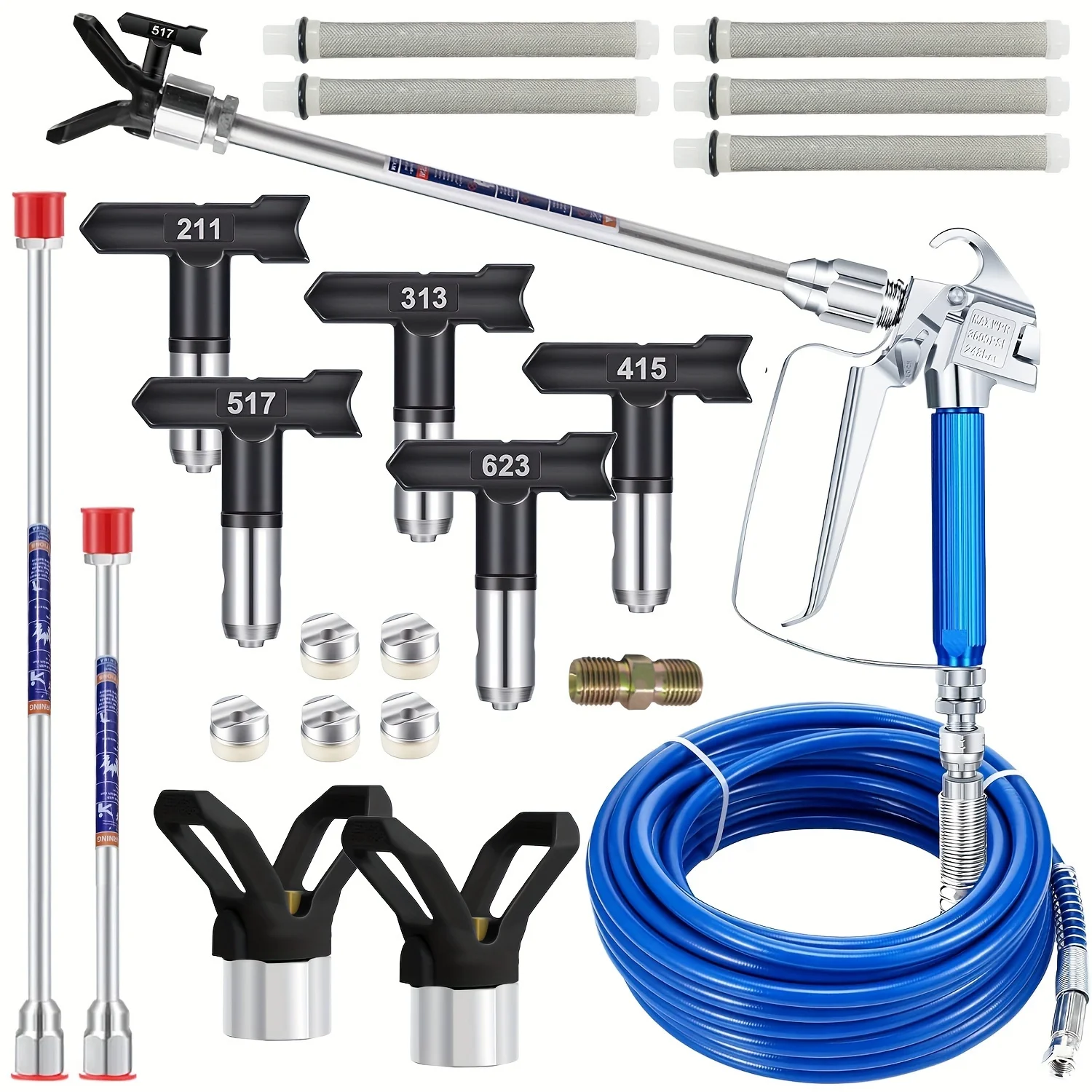 17-Piece Airless Paint Sprayer Kit - Professional-Grade Hose Set with 1 1/4 CONN, 5 Reversible Nozzles, 2 Tip Guard, 2 Spray Hea