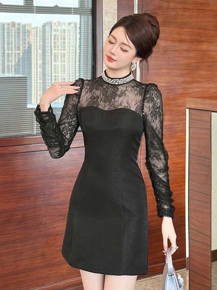 فستان نسائي فرنسي مثير للحفلات أنيق أسود لامع ترتر الماس واللؤلؤ الشفاف من الدانتيل فستان صغير نسائي رسمي Galas Vestido