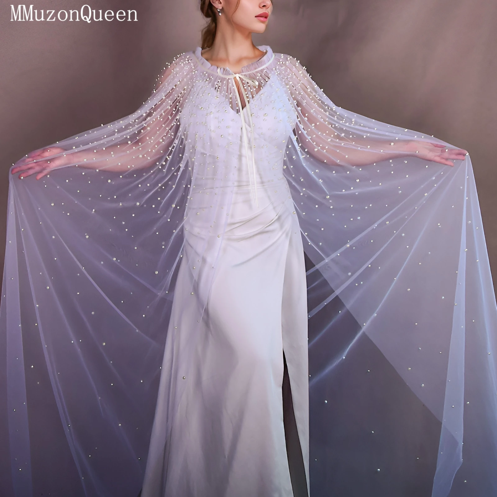 TOPQUEEN VG02 Ladies Luxury Dress Tulle Coat Wedding Cathedral Trailing Free Yards Cape Bridal Dense Pearl Lace up Shawl