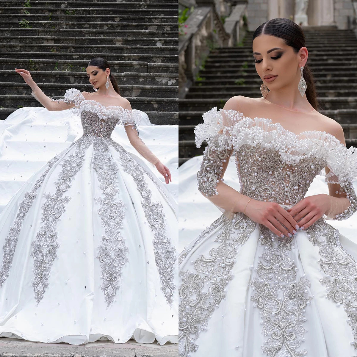 Crystal Dubai Arabic Ball Wedding Dresses Luxury Off Shoulder Long Sleeves Sweep Train Bridal Gowns Bling Beads Robes De Mariée