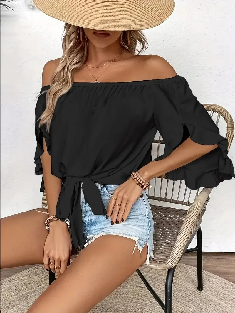 Summer One Shoulder Short Sleeved Tops for Women Solid Color Ruffle Sleeve T-Shirt Ladies Casaul Elegant Top Bow Tie Club Party