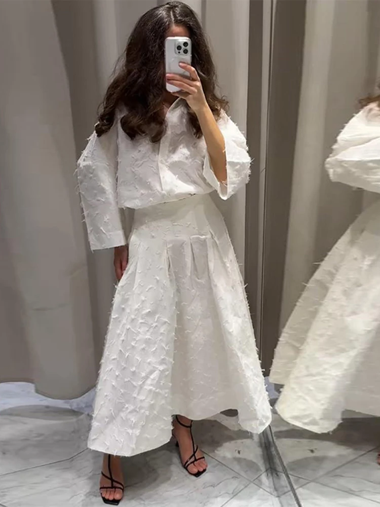 Elegant Shirt Skirt Set Women Lapel Long Sleeve Loose T-shirt High