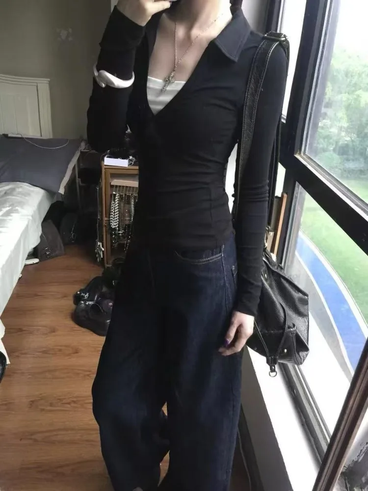 2000s Vintage Note Rhinestone Fake Two Pieces Long Sleeve T-shirt Women Slim Fit Base Layer Fashion Casual Tops Female Stylish