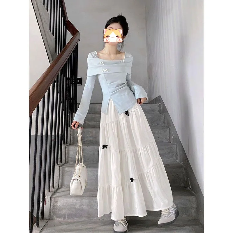French Gentle Style Butterfly Knot Design Long Sleeve Split High Waist Slim Fit Midi Skirt And Top Set for Women Autumn Blue