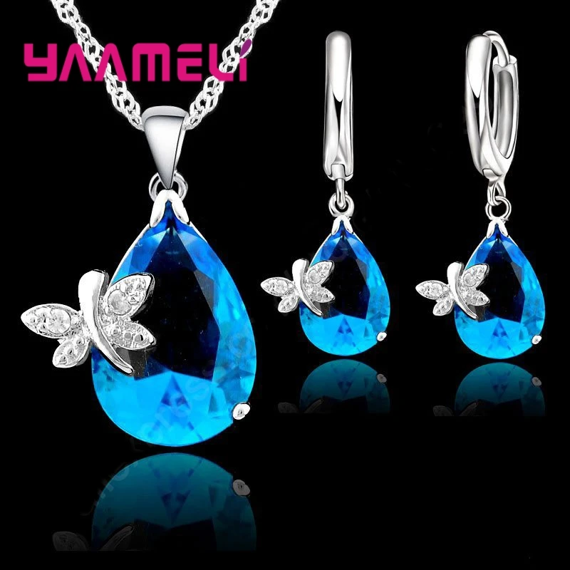 Charm 925 Sterling Silver Butterfly Water Drop Zircon Pendant Necklace Drop Earrings Set for Women Wedding Party Jewelry Gifts