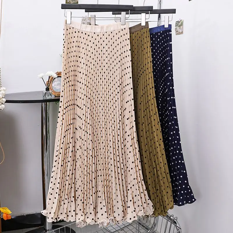 Polka Dot Pleated Skirt Women Spring Summer Fashion Elastic High Waisted Dance Party Beach Long Skirt 2025 New