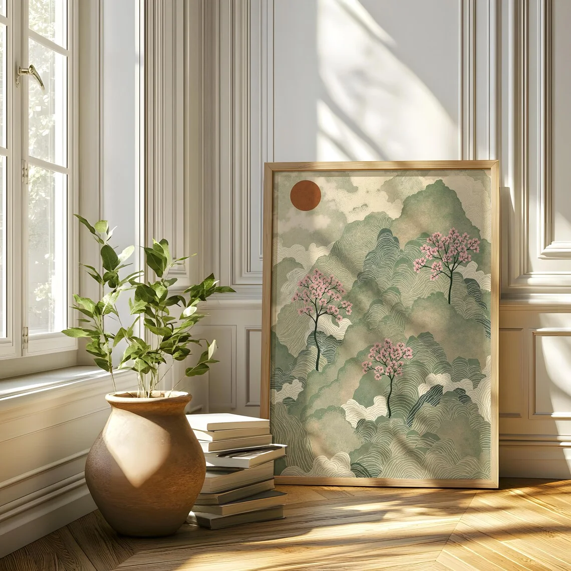 Vintage Ukiyo-E Inspired Landscape Wall Print Decor - Stylized Illustration of Rolling Green Mountains, Wavy Cloud Patterns and image 4