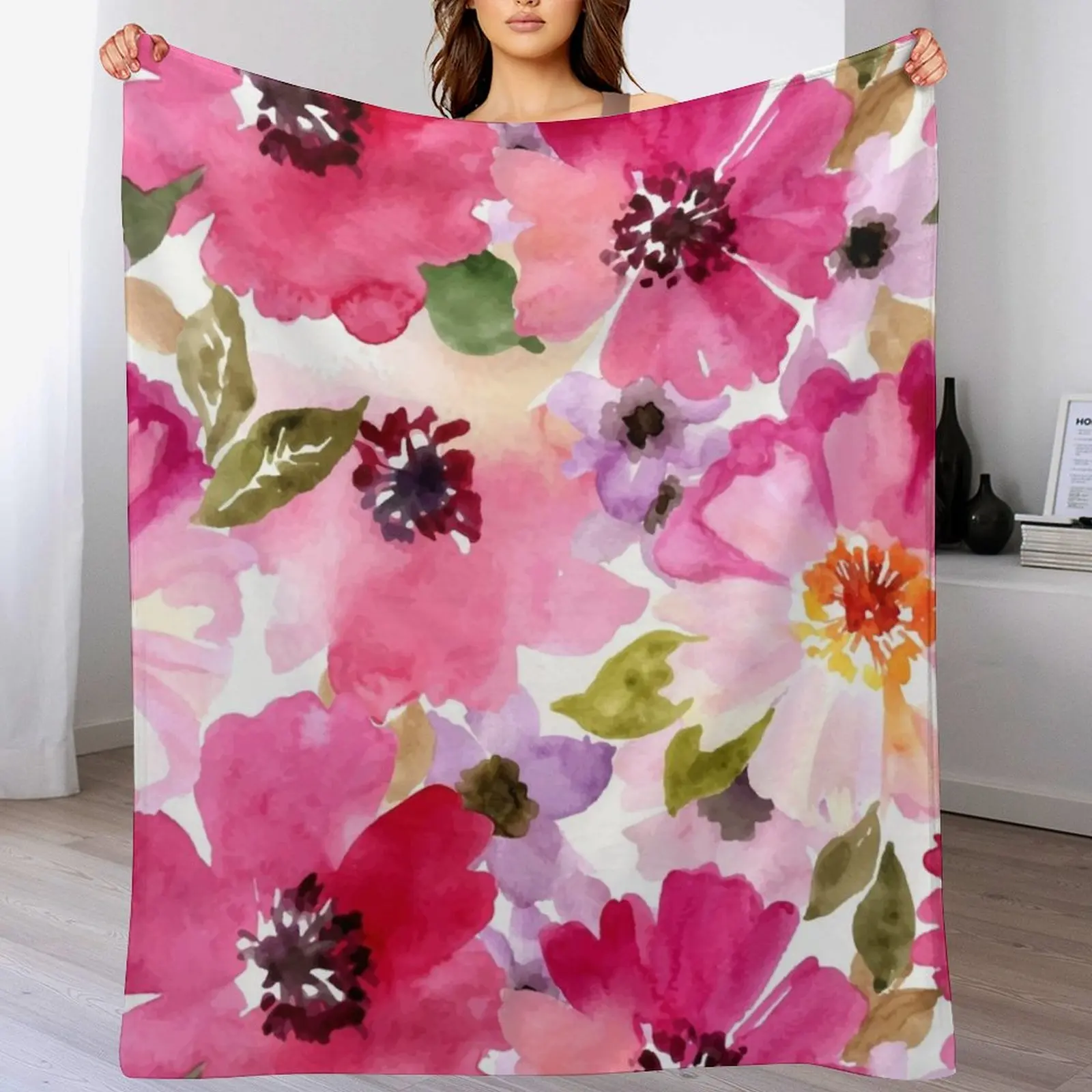

Watercolor Flowers Pink Fuchsia Throw Blanket for winter sofa bed Summer Luxury St Blankets