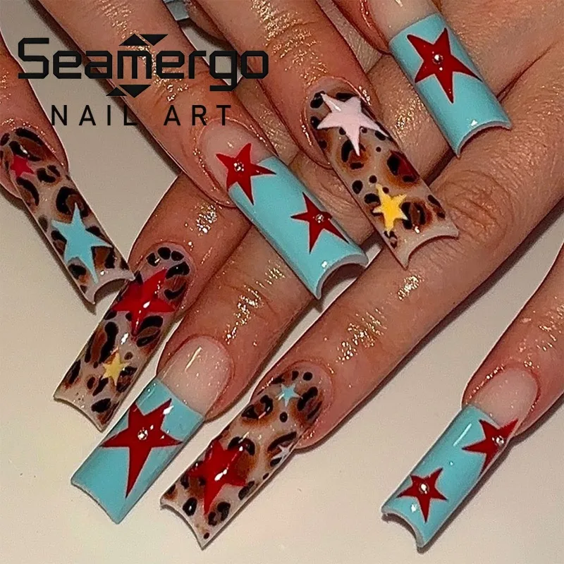 

24PCS Red Star Blue French False Nails with Glue Y2k Leopard Print Pattern Long Square Press on Nails Wearable Acrylic Fake Nail