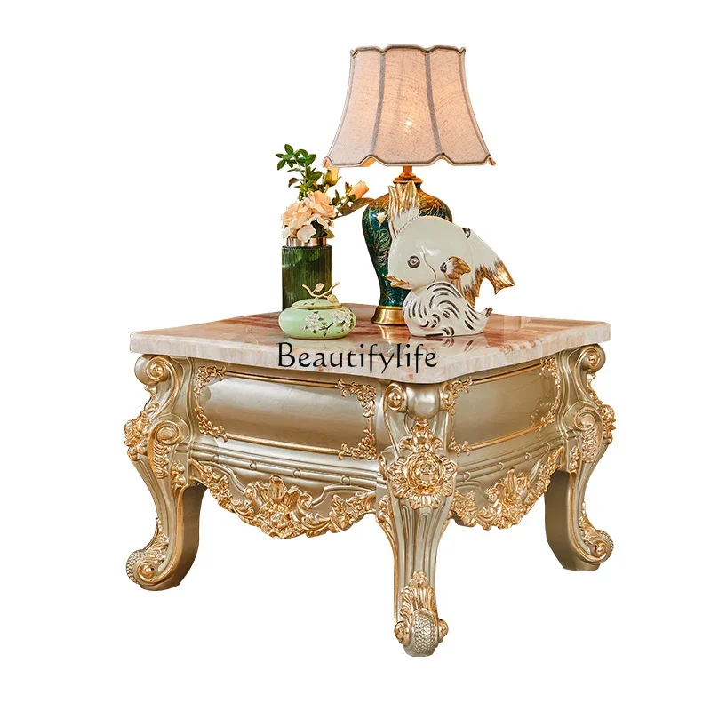 

European marble corner table full solid wood carving flower living room sofa telephone table