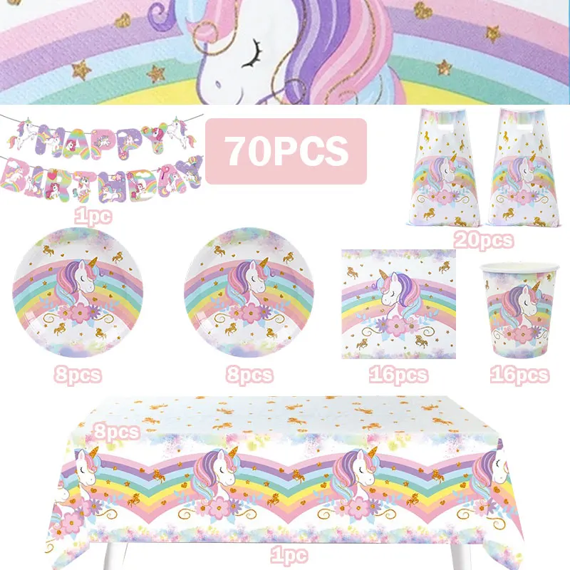 Unicorn Girl Birthday Decoration Set Cup Plate Unicorn Balloons Happy Banner Cake Topper Backdrop Supplies for Kids Party Favors view 2