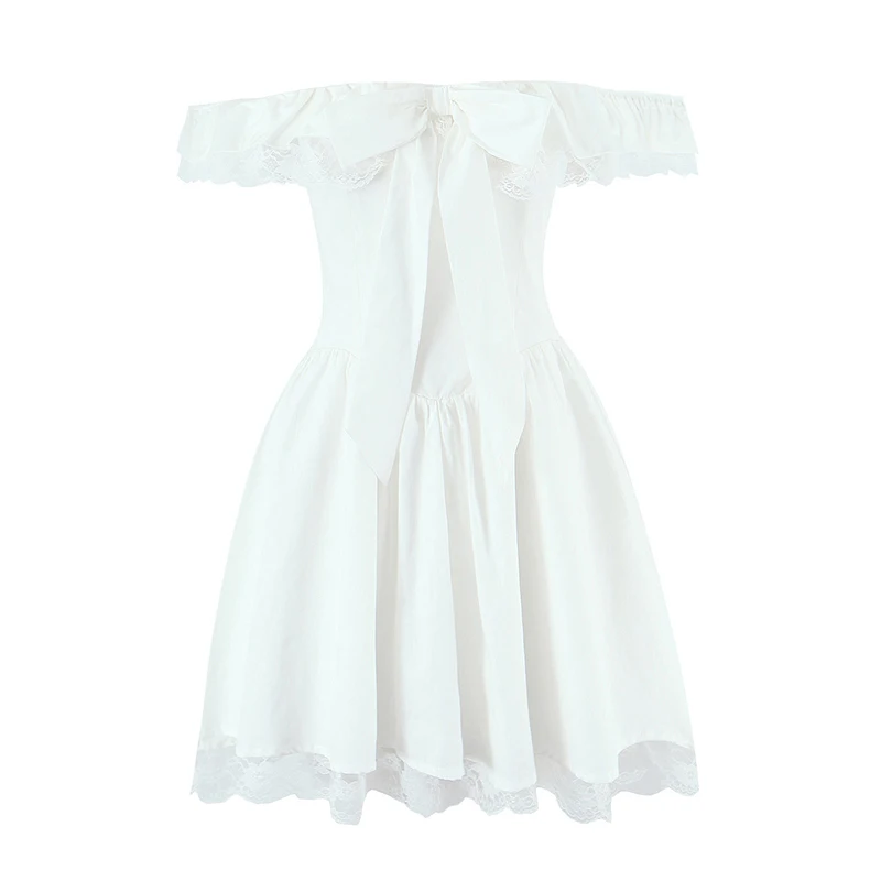 

Sexy Off Shoulder White Dress Women Lace Spliced Short Sleeve A-line Mini Party Dresses Cotton Summer Robe New 2025