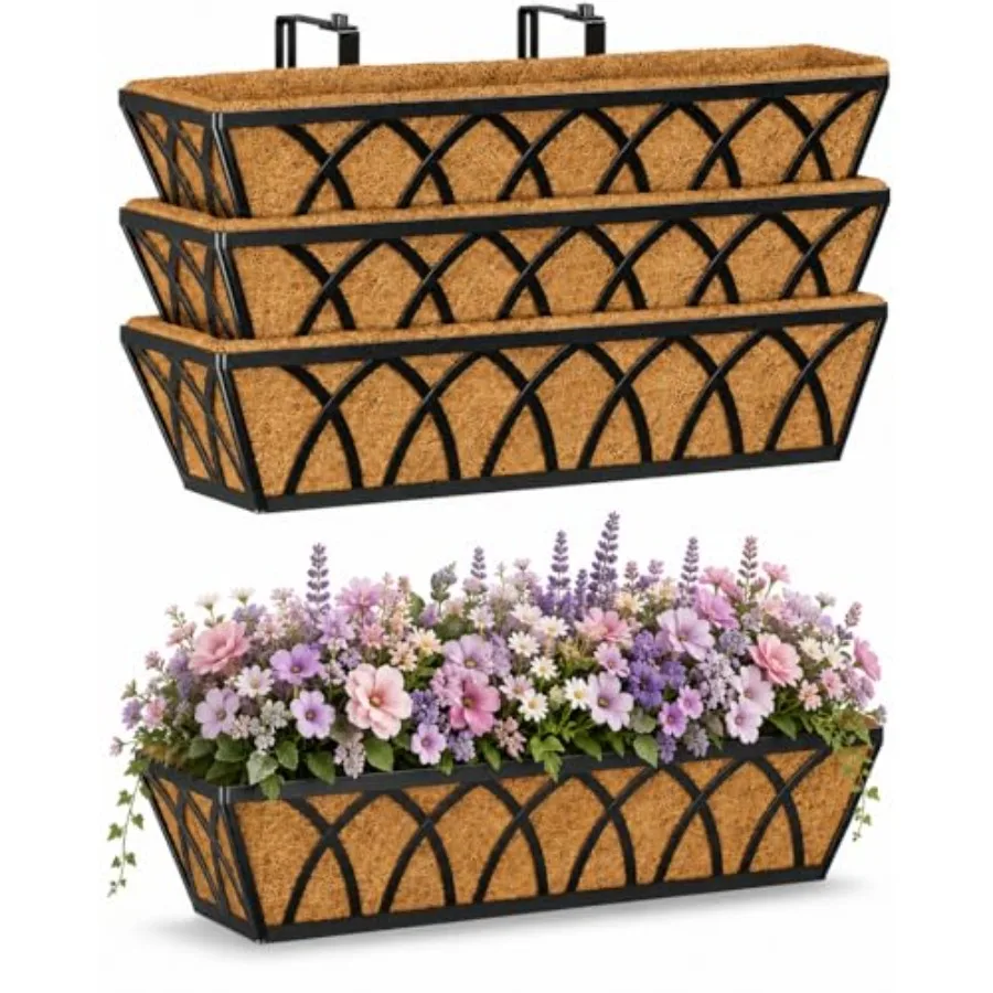 4pcs 24 Inch Metal Window Boxes for Indoor Outdoor Use, Black Finish with Coco Liner, Rust-Resistant Hanging Flower Planters fo