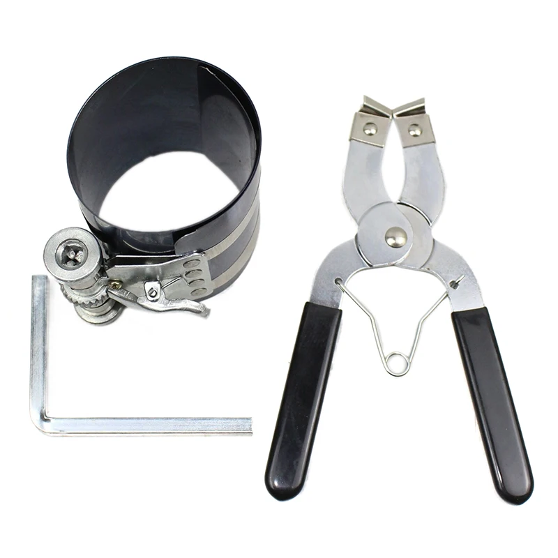 

1 комплект, установщик поршневых колец двигателя автомобиля, регулируемые размеры от 53 мм до 150 мм, с плоскогубцами, инструмент для компрессора поршневых колец