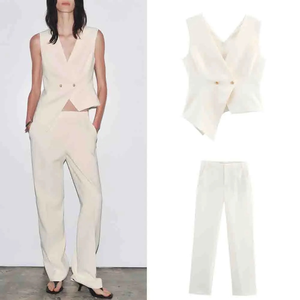

Women's New fashion asymmetrical design slim double breasted V-neck vest retro sleeveless women's vest chic top+Pants suit