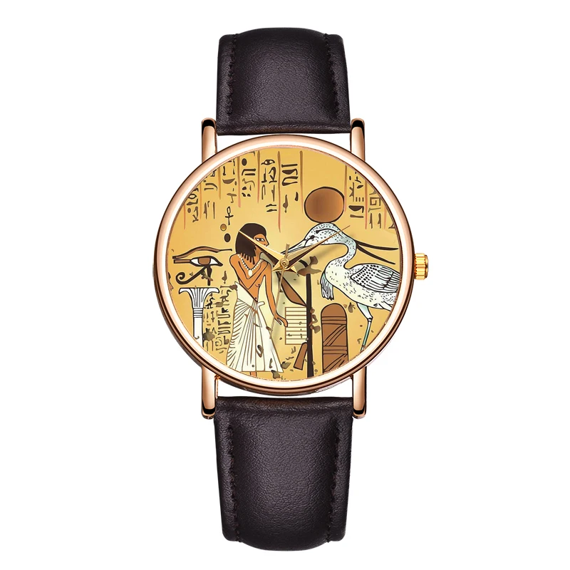 Simple Women\'s Leather Wristwatch Cool Stuff Watches Egyptian Fresco Painting Female Watches Waterproof Wristwatches