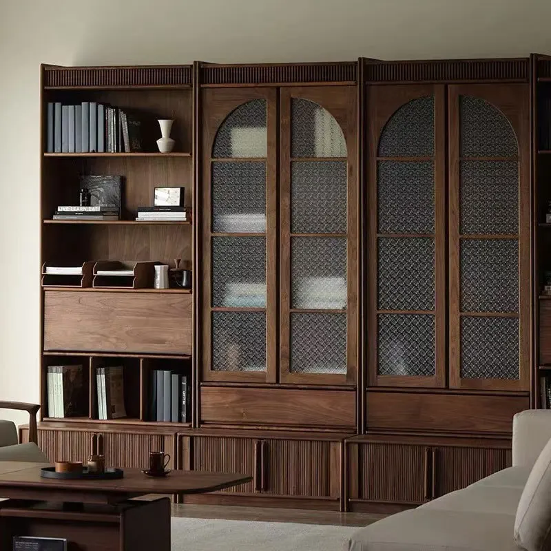 Black walnut bookcase full wall room display case solid wood cherry wood seat floor bookshelf household