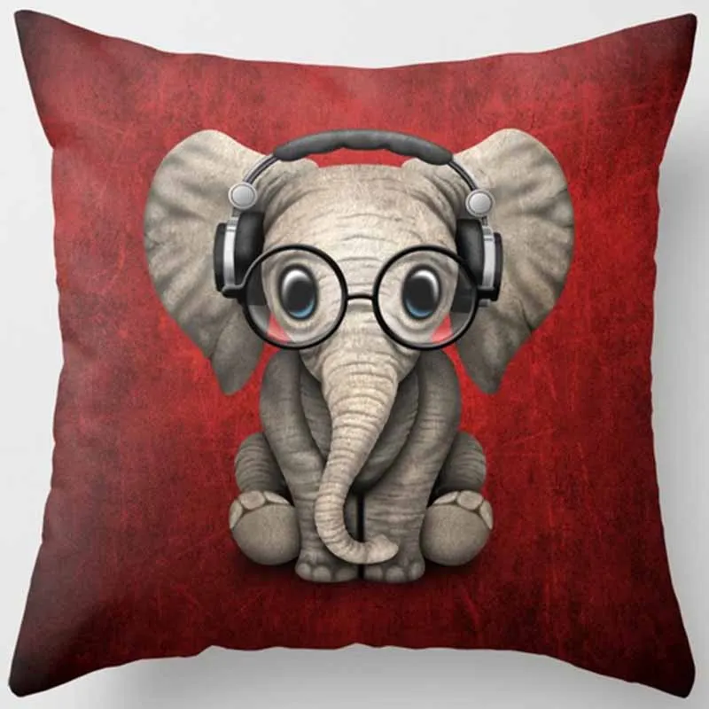 Cute Small  Monkey Elephants Listen To The Music Pattern Pillow Covers Short Plush High Quality Square Thick Pillow Case Covers