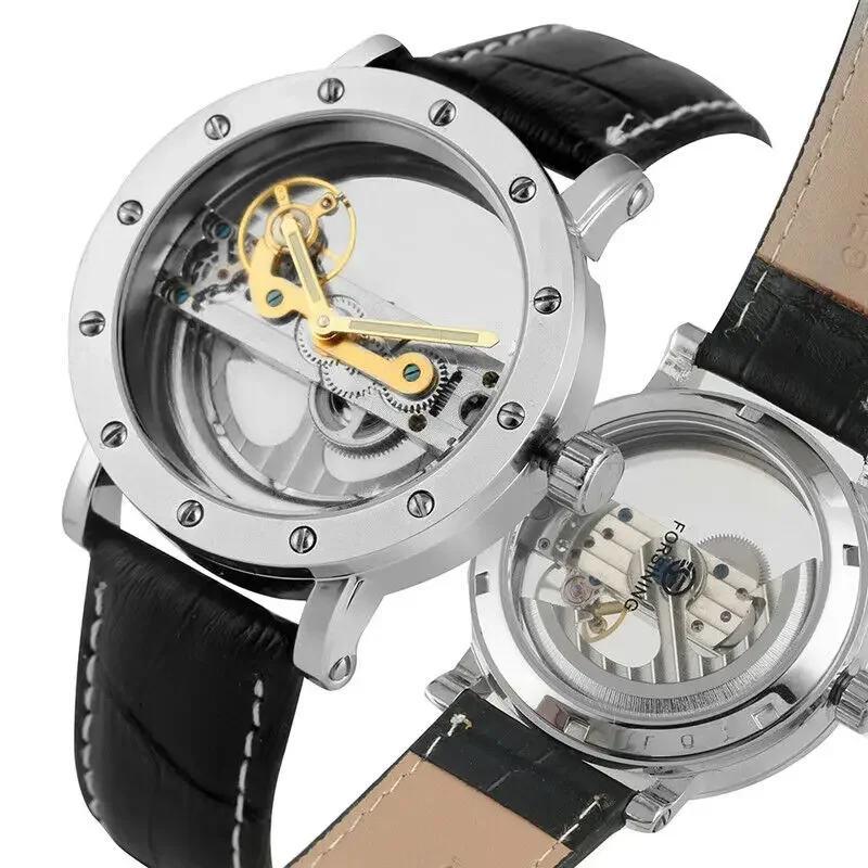 FORSINING Bridge Skeleton Mens Watches Automatic Self Wind Mechanical Leather Band Wrist Watch