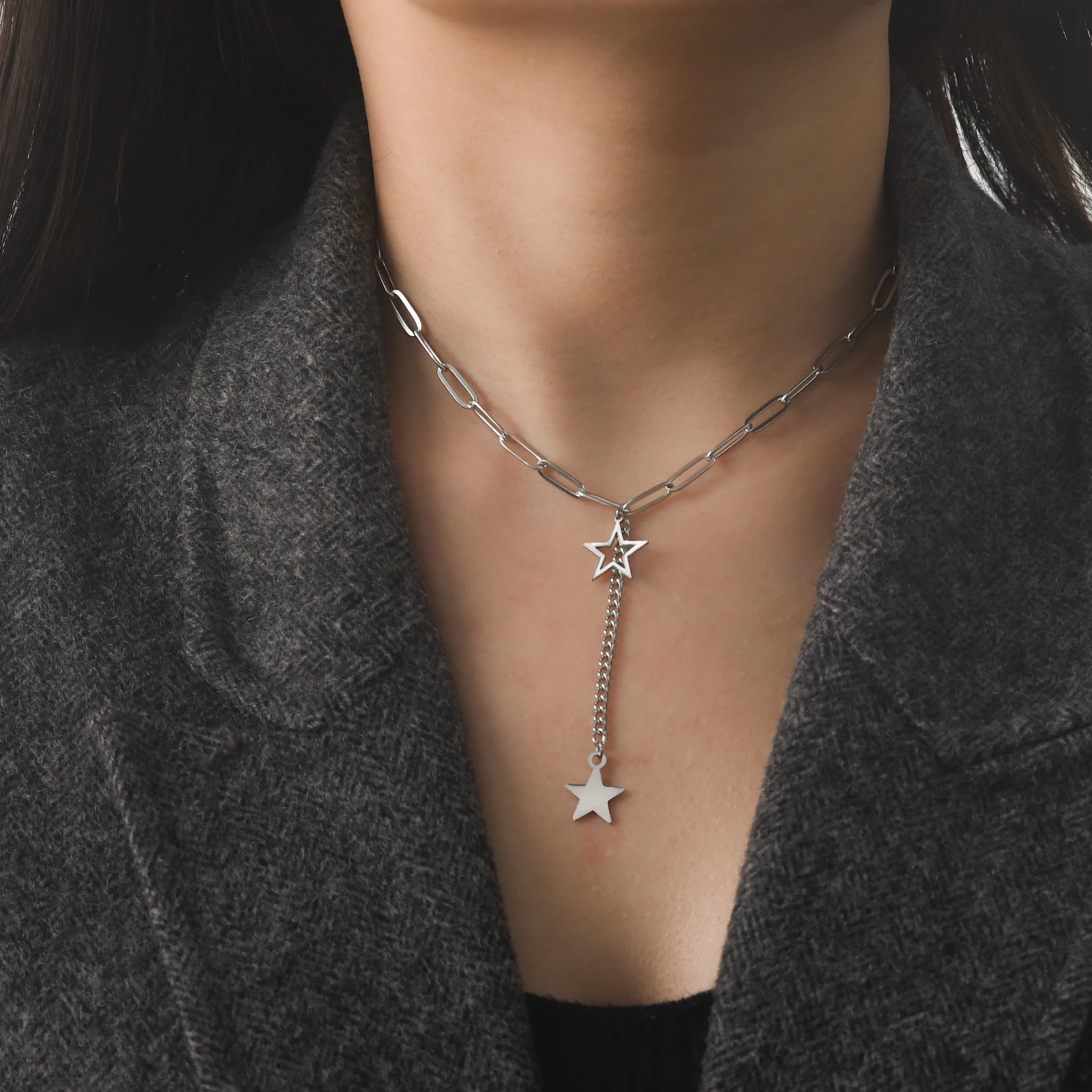 KKjoy Stern-Anhänger-Halskette für Damen, silberfarben, Edelstahlperlen, Doppelketten-Halsbänder, minimalistischer Schmuck, Accessoires, neu – Detail 7