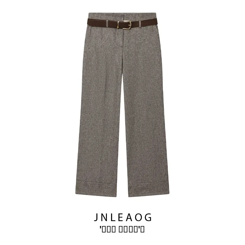 بنطال نسائي مستقيم الساق متعدد الاستخدامات مع حزام خريفي وصل حديثًا للشارع Sle l زر إغلاق بولي... #1