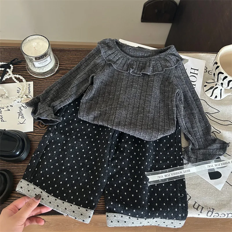 Girls Suit 2024 Autumn New Childrens Wear Baby Girl Lotus Collar Doll Shirt Polka Dot Wide-leg Pants Two-piece Set Casual Simple