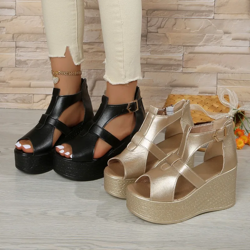 

Ladies High-heeled Sandals Shoes Summer Fashion Casual Open Toe Round Toe Thin with Solid Color Pu Deduction Sandals Plus Size