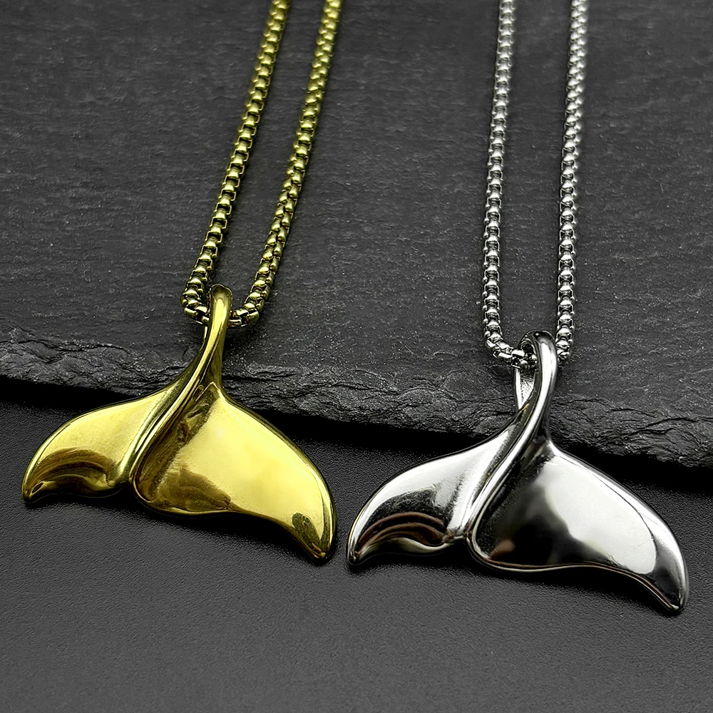 Mermaid Tail Pendant Necklace for Women Men Stainless Steel Gold Color Animal Whale Fish Tail Chain Necklaces Jewelry Gift