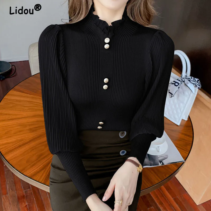 Autumn Ruffled Button Knitted Splicing Chiffon Pullovers for Women Long Sleeve Elegant Fashionr Lantern Sleeve Bottoming Shirt