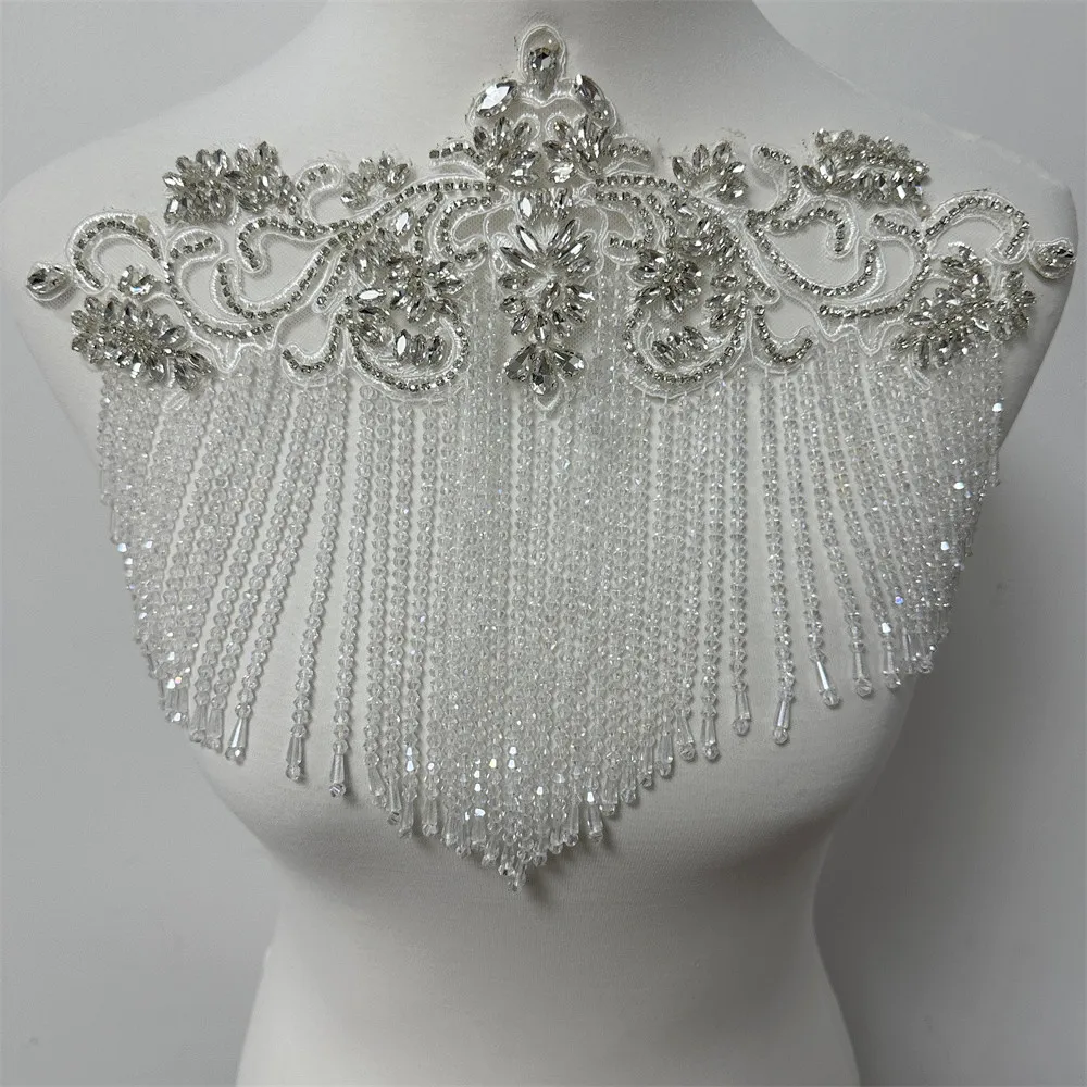 1PCS High quality Handmade Beaded rhinestones wedding patches with  tassels  appliques  for clothes decoration