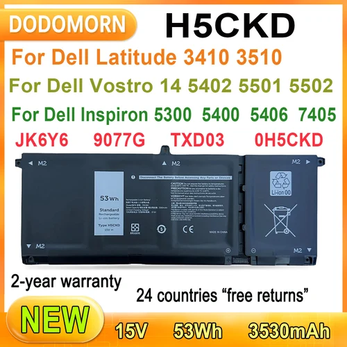 Nueva batería de ordenador portátil de 53Wh para Dell Latitude 3410 3510 para Dell Vostro 14 5402 5501 5502 para Dell Inspiron 5300 5401 JK6Y6 H5CKD