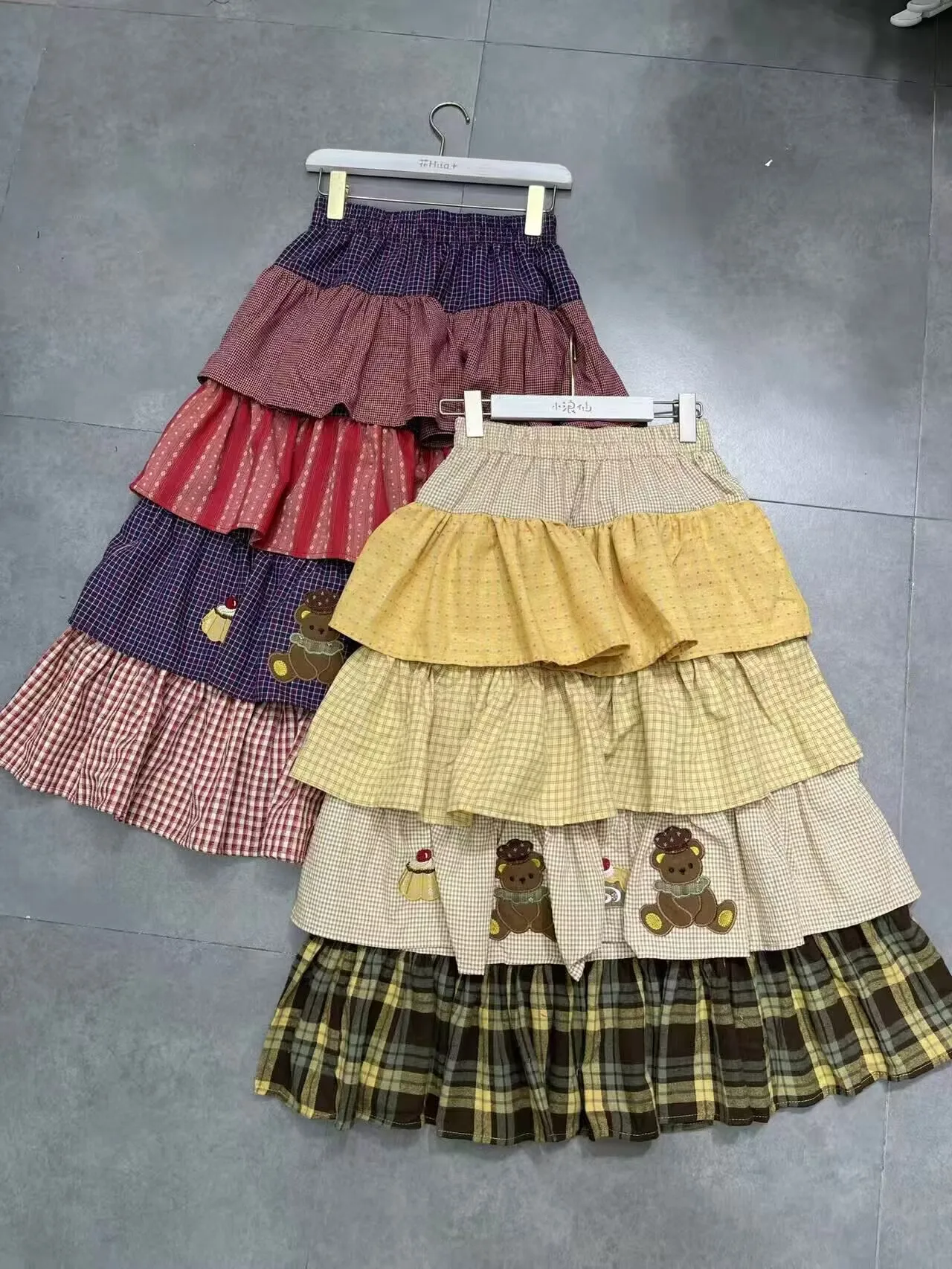 Yellow Color Sweet Lolita Ruffle Cake Skirt Women's Plaid Cotton Patchwork Layered Maxi Skirt Japanese Kawaii Skirt