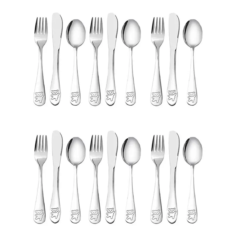 FBIL-18 Pcs Kids Silverware Set Children's Safe Stainless Steel Utensil Little Bear Kids Cutlery Set Metal Toddler Utensils