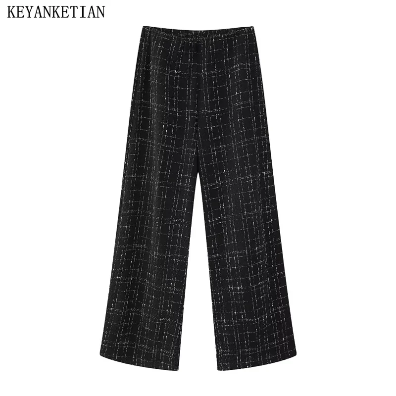 

KEYANKETIAN New Launch Women's Tweed Texture Plaid Jacquard Wide leg Pants Retro High-waisted Zipper Long Trousers Female