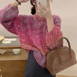 Women's Autumn Winter Pullover Round Neck Screw Thread Solid Lantern Long Sleeve Sweater Knitted Fashion Casual Elegan Tops