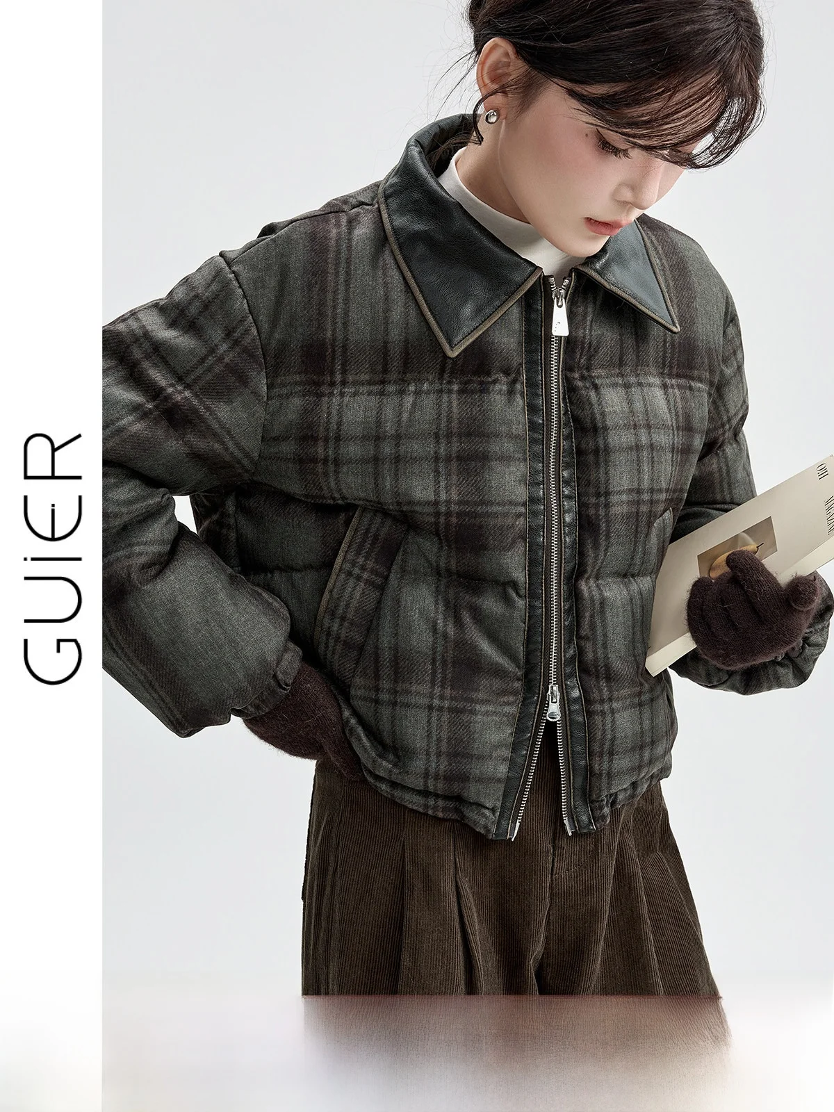 

Женская зимняя куртка Guier Plaid Du Down Jaet с отложным воротником, теплая, с наполнителем из белого пуха, в ретро-стиле