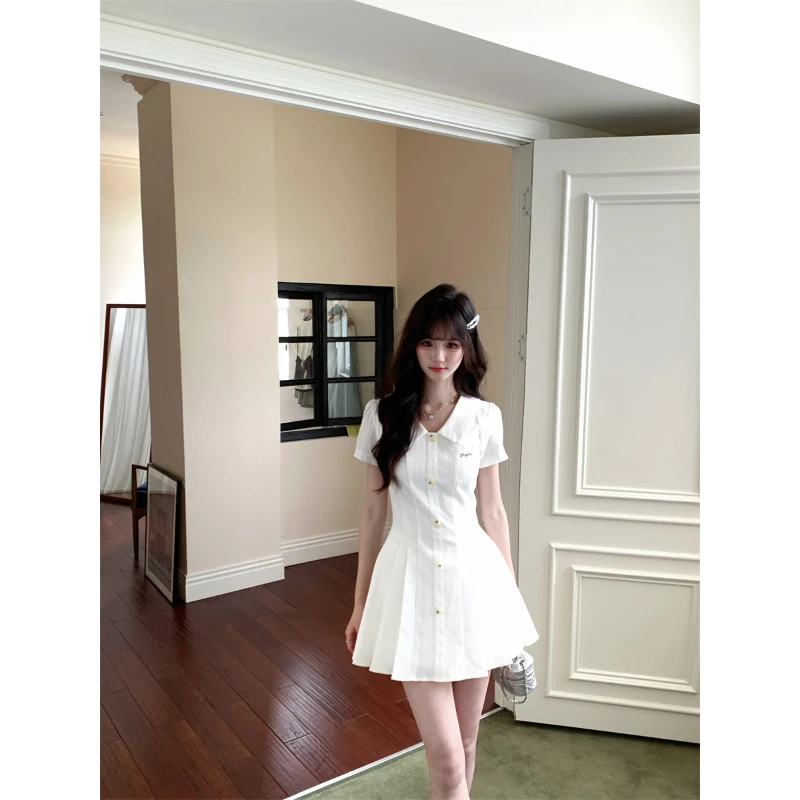 Yuehan Xiaoyu, sal marinho jasmim, vestido camisa branca estilo academia verão primeiro amor cintura saia plissada feminina