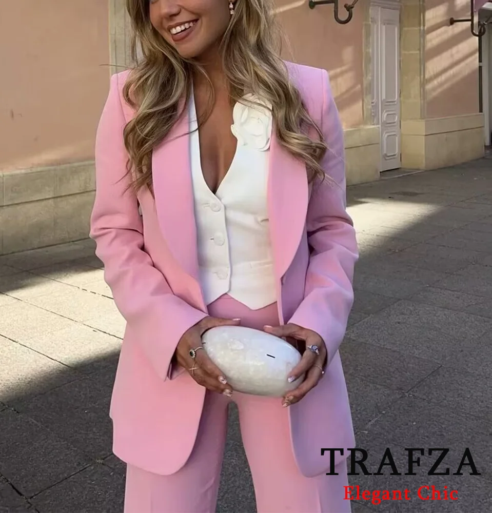 TRAFZA nuovo arrivo elegante abito da donna rosa pantaloni alla moda e Blazer a bottone singolo primavera autunno moda Blazer Suit