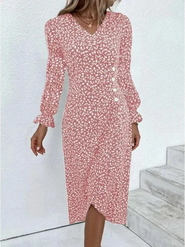 أنيقة الأزهار مطوي H على شكل ميدي فستان الإناث الخامس الرقبة نفخة الأكمام الخصر Ruched زر فساتين المرأة فستان صيفي رداء WJR8